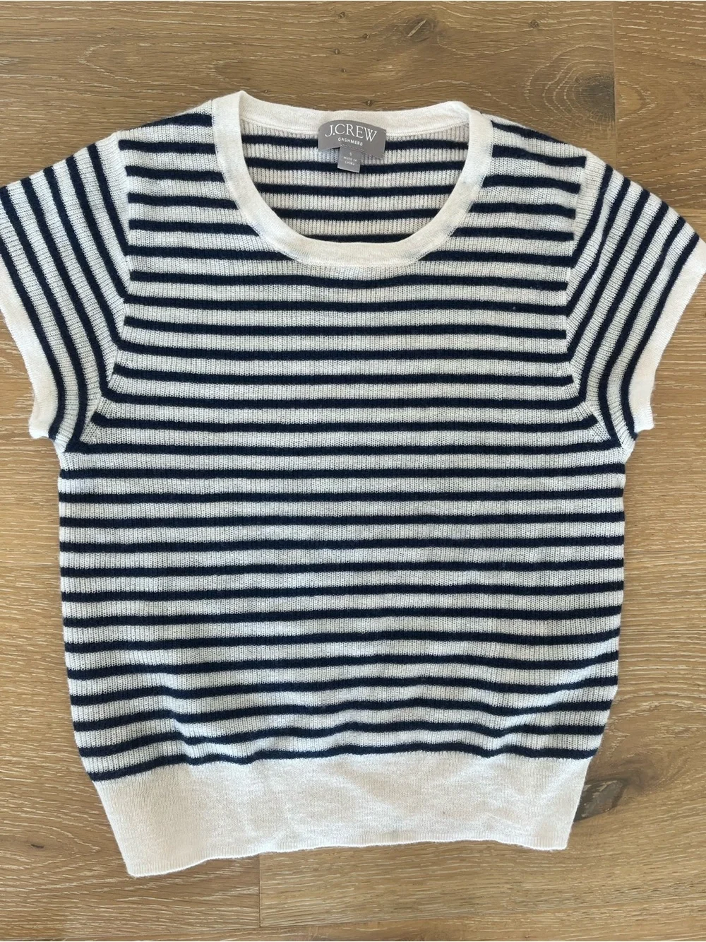 J. Crew Cream and Navy Cashmere Striped Short Sleeve Sweater